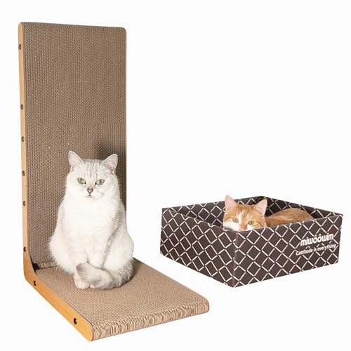 26.8 Inch Vertical L Shaped Cat Scratcher Wall + Cat Scratcher Box, Cat Scratchers for Indoor Cats,Cardboard Cat Scratching with Ball Toy (Extra Large L Shape)