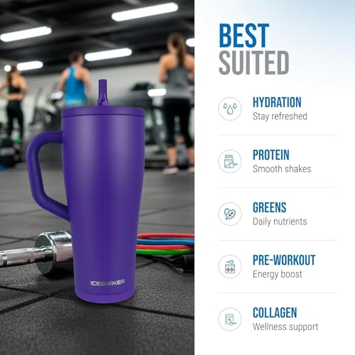 Image of Ice Shaker 40 oz Tumbler with Handle and Straw | 40oz Purple | Cold for 30+ Hours | 2-in-1 Tumbler Shaker Bottle | Odor-Free 40 ounce Bottle for Water, Protein Shakes, Smoothies, Cocktails