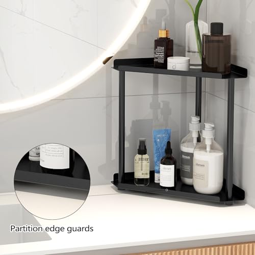 Image of FLE Corner Bathroom Counter Organizer, Bathroom Organizer Countertop Black | 2 Tier Corner Shelf, Tabletop Mount,Waterproof solid shelf fits bathroom toiletries and kitchen condiment storage.