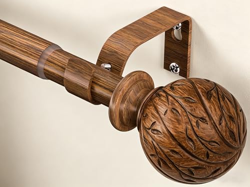 KVEEO Wood Curtain Rods for Windows 18 to 45 Inch 1 Adjustable Heavy Duty Boho Drapery Rod Decorative Curtain Rods with Finials Rustic Window Treatment Rods for Kitchen Farmhouse Bedroom Patio