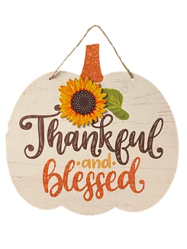 Greenbrier International Fall Thankful and Blessed Pumpkin Fall Hanging Sign with Sunflower Accent Rustic Decor with Jute Hanger