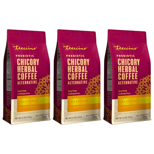 Teeccino Hazelnut Chicory Coffee Alternative - 11 Ounce - Ground Herbal Coffee That’s Prebiotic, Caffeine Free & Acid Free, Medium Roast, (Pack of 3)