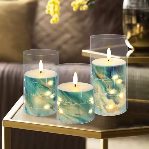 Image of Flickering Flameless Candles Blue Marble Embedded Star String Lights, Battery Operated Acrylic LED Pillar Candles with 11-Key Remote and Timer for Home Decoration, 3 Pack