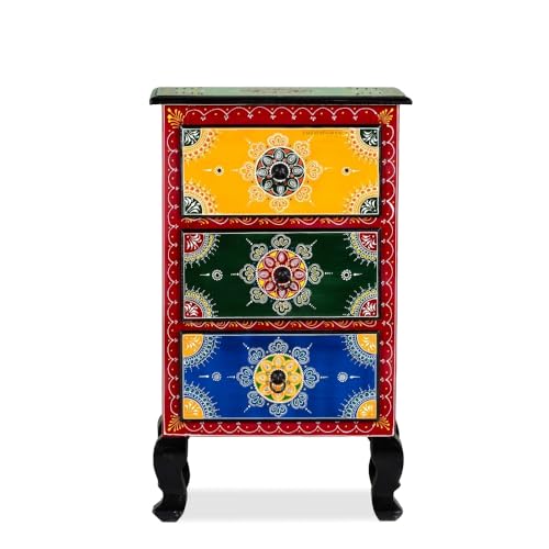 Image of Wooden Bedside Table for Bedroom | 3 Drawer Side Table | Handpainted Rajasthani Chest of Drawers | Solid Wood Small Bedside Table with Drawer Storage for Living Room (Handpainted-2)