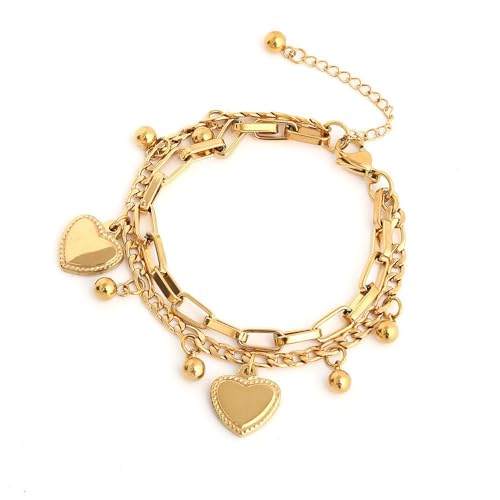 18K Gold Stainless Steel Heart Bracelet for Women with Ball and Heart Charms Gifts for Women