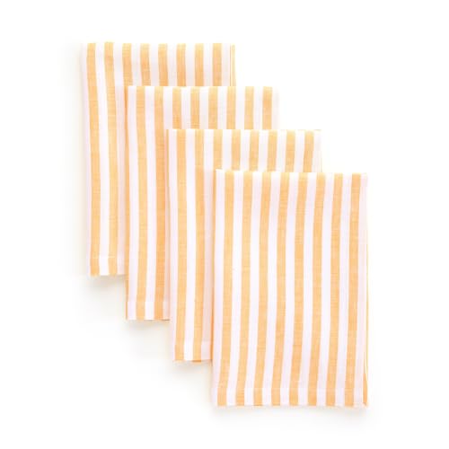 Image of Solino Home 100% Pure Linen Napkins, 20 x 20 in, Mustard Striped, Set of 4 | Amalfi Stripe, soft napkins for daily meals and celebrations, woven stripe, European flax fibres, fine, OEKO-TEX Certified