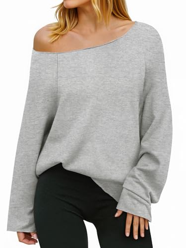 Fisoew Womens Off The Shoulder Tops Sweatshirts Lightweight Oversized Pullovers Long Sleeve Y2k Loose Fit Tunic Tops Grey