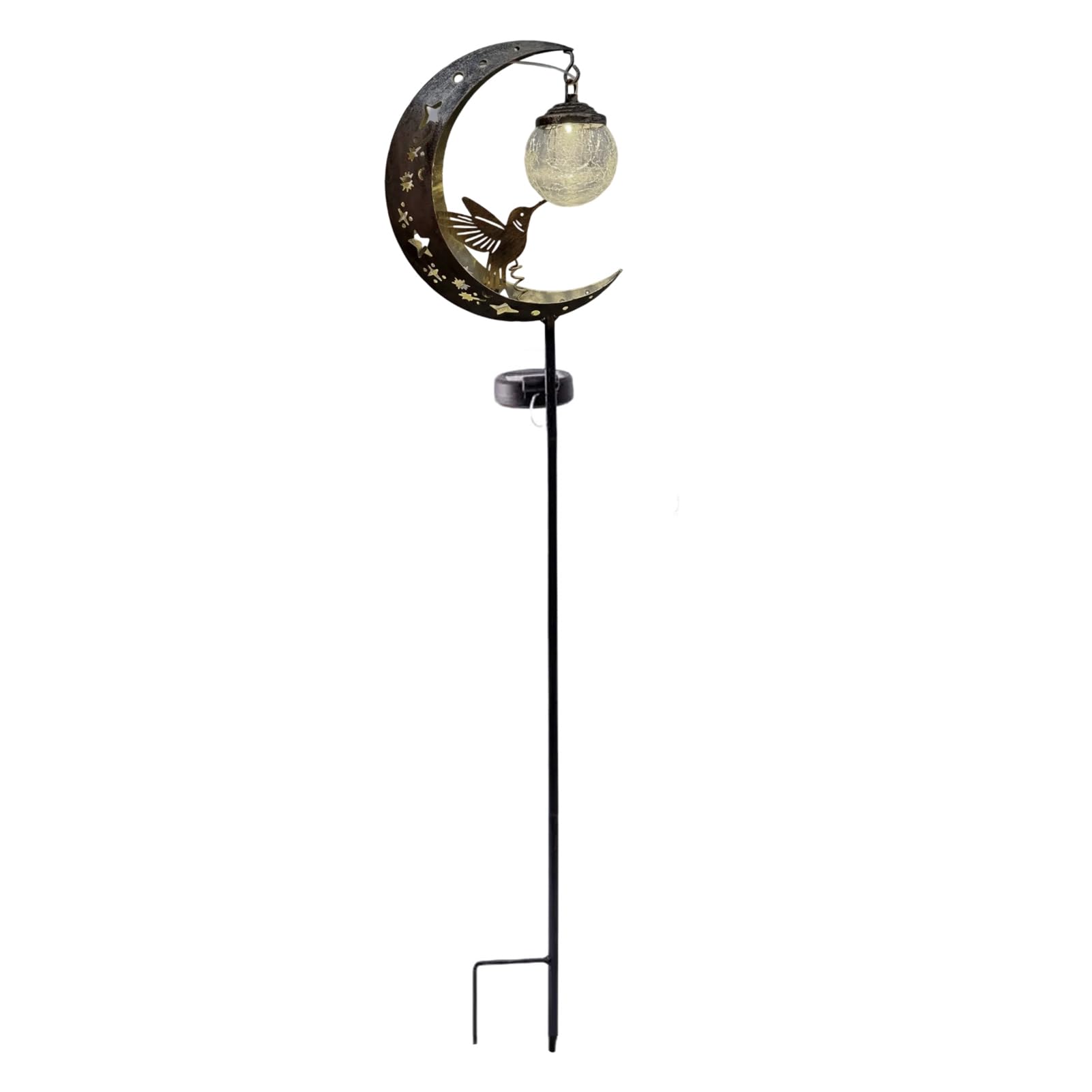 RetroNest Fairy Solar Lights Outdoor Garden Ornaments Moon & Hummingbird Cracked Glass Ball Stake Lamp Waterproof Automatic LED Lighting for Yard, Patios, Lawns, Walkways B