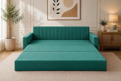 Image of Modern Velvet 3 Seater Sofa Cum Bed with Armrest, Convertible Sleeper Couch Sofa for Living Room, Bedroom & Office - Green Color