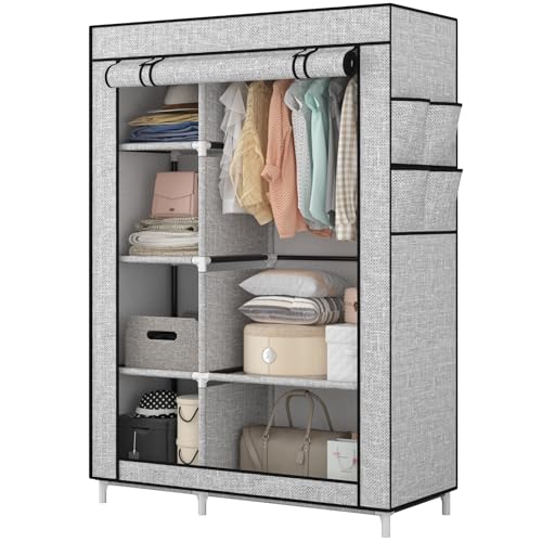 Calmootey Portable Closet Organizers, Clothing Storage, Wardrobe with 6 Shelves and Hanging Rod, Non-Woven Fabric Cover with 4 Side Pockets, Ash Grey - Image 5