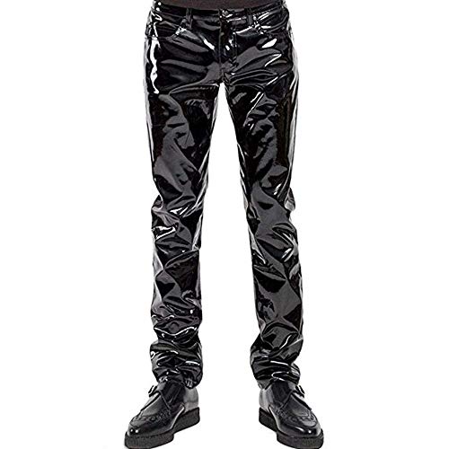 DISKEY Men's PU Faux Leather Pants Casual Long Slim Fit Straight Leg Bliker Pants
