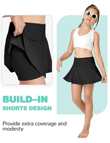 Image of FitsT4 Sports Girls Swim Skirts with Pocket UPF 50+ Swimming Bottom Kids Bathing Skort for Surfing Beach Volleyball