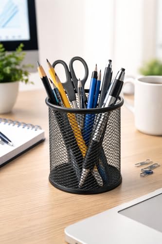Image of Black Round Mesh Pen Stand - Pencil & Pen Holder for Desk | Multipurpose Stationary Organizer Cup for Office, Home & Study Table | Makeup Brush Holder