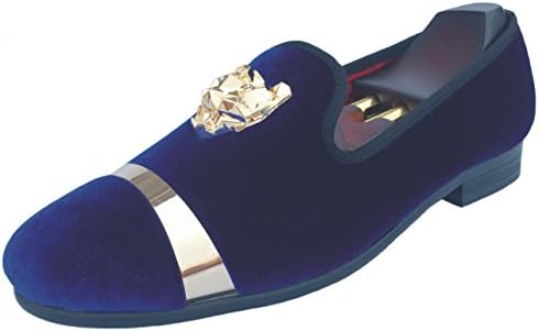Justyourstyle Men's Velvet Loafers Slippers with Gold Buckle Wedding Dress Shoes Slip-on Smoking Flats (9, Navy Blue)