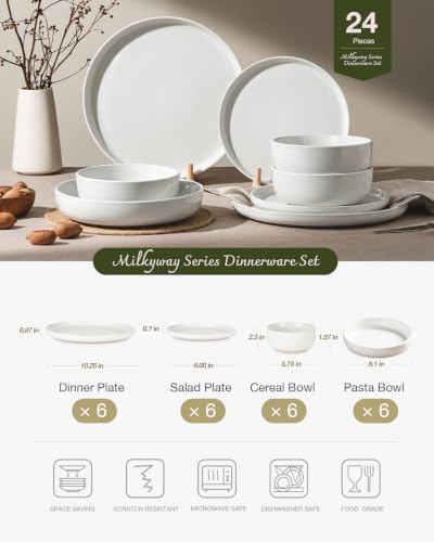 Image of Famiware Milkyway Stoneware Dinnerware Sets with Pasta Bowls, Service for 6 (24 Pieces), Plates and Bowls Sets -Scratch Resistant, Microwave and Dishwasher Safe Dishes Set, White