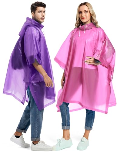 Borogo 2 Pack Rain Ponchos for Adults Reusable - Raincoats Survival Emergency Heavy Duty Rain Coat with Drawstring Hood Purple&Pink