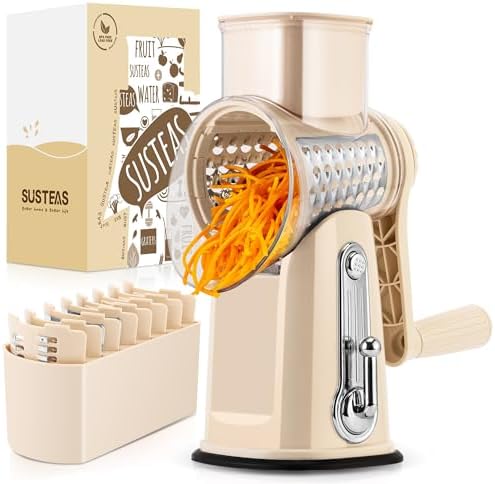 SUSTEAS Rotary Cheese Grater with Handle - Vegetable Shredder with 5 Well-designed Blades & Strong Suction Base,Round Mandoline Slicer & Food Chopper for Kitchen,with Blade Storage Box(Beige)