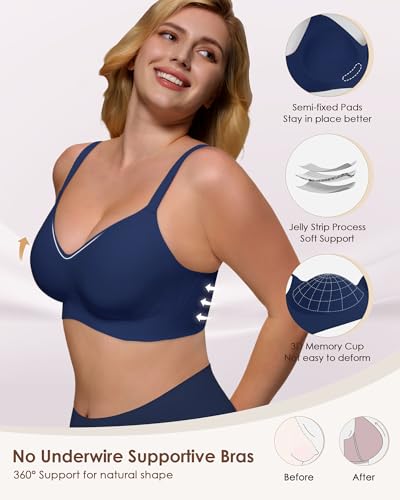As Fairy Womens Soft Comfortable No Underwire Bras V Neck Seamless Push Up Bralettes Full Coverage Tshirt Brassiere Navy Blue 32DDD — view 3