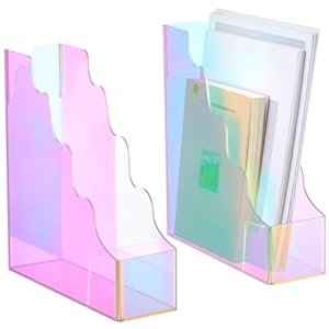 2 Pcs Iridescent Acrylic Magazine File Holders, Water Ripples Vertical File Organizer, Colorful Acrylic Folder Organizers for Desk Office Classroom Home Decor Document Storage Organizer