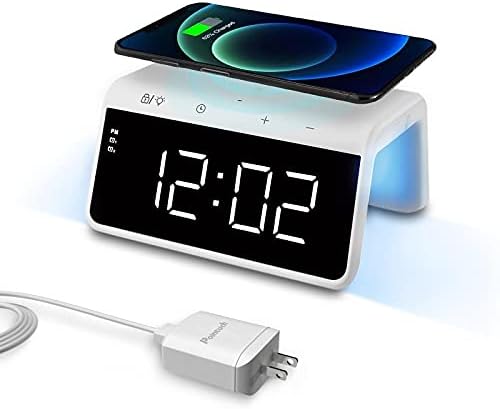 Wireless Charging Alarm Clock for Bedroom, Pointuch Digital Alarm Clock with Snooze Function and Colorful Bedside Night Light, Qi Wireless Charging Clock with a QC3.0 18W USB Charger, White
