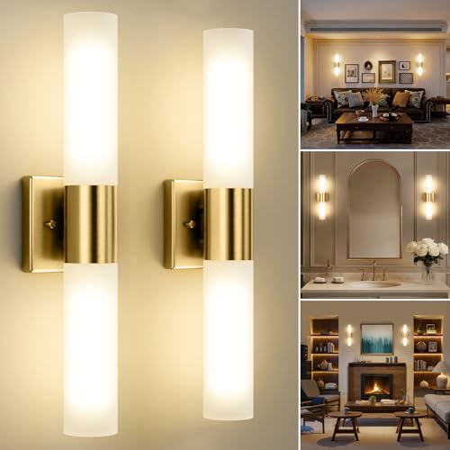 Kalium Bathroom Wall Sconces Set of Two, 21 Inch Modern Vanity Lights with Frosted Glass Shade, Bathrooms Vanity Lighting Fixtures for Mirror Bedroom Living Room Hallway (Gold)