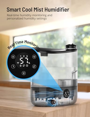 PARIS RHÔNE 6L Smart Humidifiers for Bedroom, Cool Mist Humidifiers with App, WiFi, Bluetooth, Diffuser and Nightlight, 60H Long Runtime Top Fill Humidifiers for Home, Plant, Large Room, Black