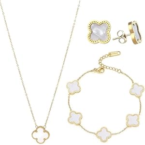 Lucky Four Leaf Clover Jewelry Set, Titanium Steel Necklace Pendant Earrings Bracelet for Women, Enamel Flower Gold Plated Station Chain Wrap Layer Clover Jewelry Girls Gift