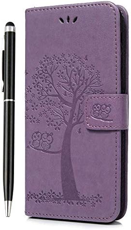 iVOYI for Samsung Galaxy J6 Case 2018 J6 Phone Case Premium PU Leather Flip Owl Tree Case Cover for Samsung Galaxy J6 2018 Kickstand Card Holder & 1 Touch Pen, Light Purple