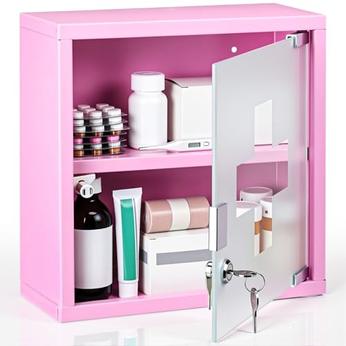 Timgle First Aid Wall Cabinet with Lock Medicine Wall Mounted Bathroom Storage Hanging Medical Cabinet with Safety Glass Door for Bathroom (2 Shelves,Pink)