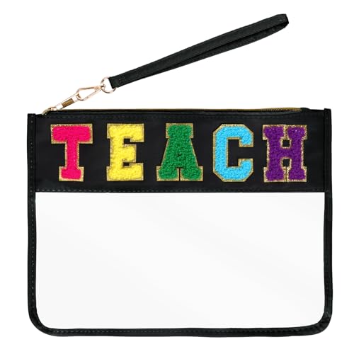 Hmxpls Chenille Letter Bag Multi-purpose Nylon Clear Makeup Cosmetic Bags Flat Pouches with Zipper for Travel Gym Beach (Black-Teach)