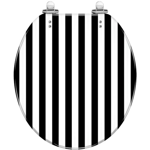 WHFEOIV9RE Round Toilet Seat Striped black white Resin Toilet Seat Quietly Slow Close with Quick-Release Hinges Toilet Seat with Cover Easy to Clean Install
