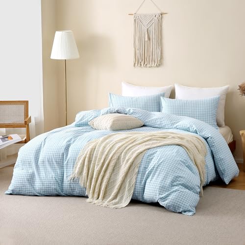 Image of TOCOMOA Light Blue Gingham Duvet Cover Bedding Set 100% Washed Cotton Like Linen Feel Super Soft Comfy 3 Piece Vintage Plaid Checkered Comforter Cover Set (Queen 90 inchx90 inch, Comforter Not Included)
