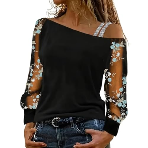 Camiseta de lentejuelas para mujer, asimétrica, de tul, con purpurina, parte superior, blusas festivas, elegante, ropa de Nochevieja, informal, camiseta de manga larga, hombros descubiertos, vestido