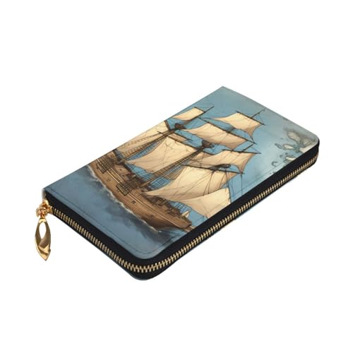 Leather Wallet - Stylish and Durable Wallet for Women with Multiple Compartments and Zipper Design Sailboat drifting on the sea Map Picture3