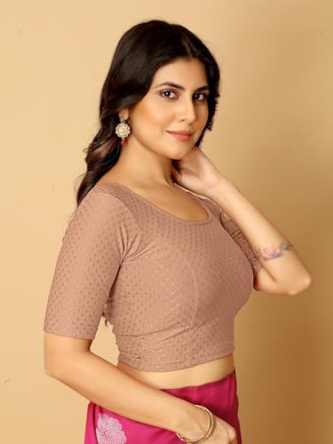 Image of Amazon Brand - Anarva Round Neck Dobby Cotton Lycra Stretchable Elbow Half Sleeve Readymade Saree Blouse for Women Stylish
