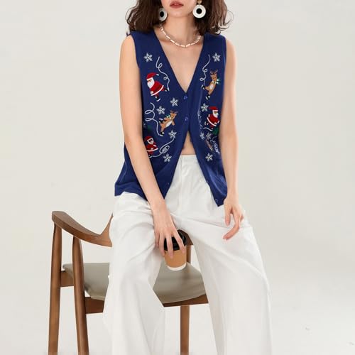Image of SOLILOQUY Christmas Sweater Vest for Women Button Down Embroidery Knit Vest