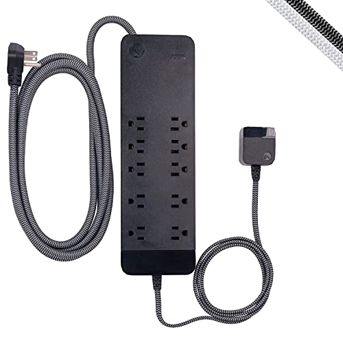 New Deal GE UltraPro 10 Outlet Surge Protector, 2 USB Ports On 4 ft Braided Tether, 8 ft Braided Cord, Compatible w/ iPhone 12/11/Pro/Max/Xs/XR/X/8, Samsung Galaxy S21/S10/S9/Plus, Google Pixel, Black, 45248