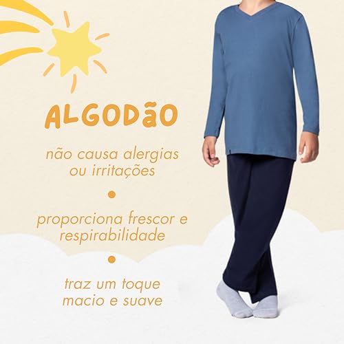 LUPO Conjunto Pijaminha Kids Longo Gola V Criança Kids Meninos, Azul Marinho, 14