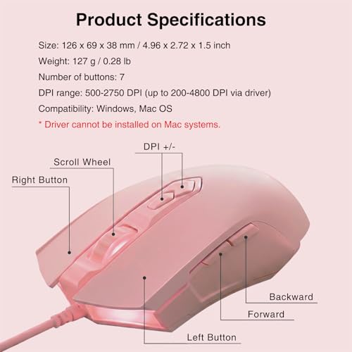 Image of Lomiluskr AJ52 RGB Wired Gaming Mouse, 7 Programmable Buttons, Computer Mice with RGB Lighting, 200-4800 DPI Adjustable, for PC /Laptop (Pink)