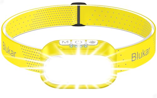 Blukar Linterna Frontal Recargable, Super Brillante Linterna Cabeza, 2 Temperatura de Color (Amarillo y Blanco Frío), 12 Modos, Atenuación Continua, Sensor de Movimiento para Acampar, Correr, Pesca