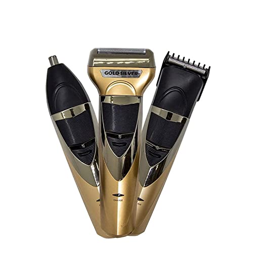 Men Professionals Design 3 In 1 Perfect Shaver, Hair Clipper And Nose Trimmer Rechargeable Beard And Moustaches Hair Machine And Trimming With Cord And Without Cordless Use., Gold