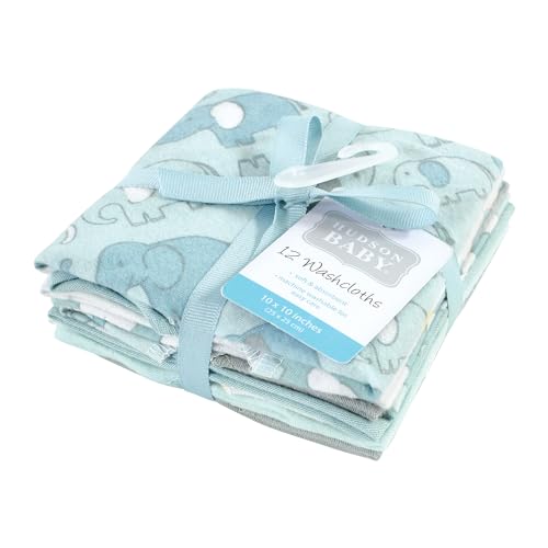 Image of Hudson Baby Unisex Baby Flannel Cotton Poly Washcloths, Boy New Elephant 12Pk, One Size