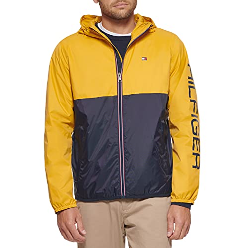 Tommy Hilfiger Men's Lightweight Active Water Resistant Hooded Rain Jacket, Yellow/Navy Colorblock, Large