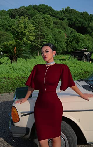 Image of Memoriesea Women's Basic Bodycon Ruffle Flared Short Sleeve Pencil Midi Dress