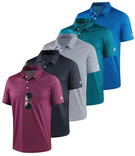 Image of ZITY 5 Pack Mens Golf Striped Polo Shirts Short Sleeve UPF 50+ Moisture Wicking Athletic Daily Casual Collared Shirt