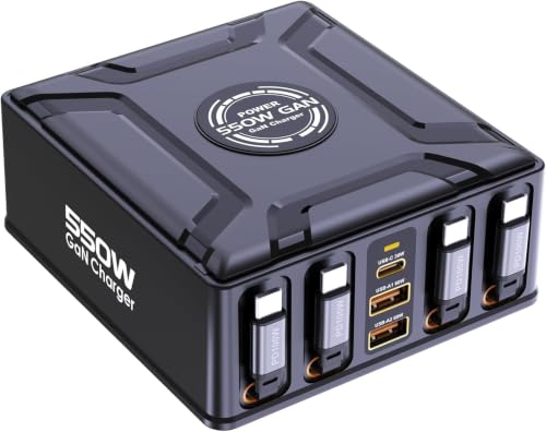 Image of WeFly 550W USB C Charging Station with 4 Retractable Cables GaN 7-Port Desktop Fast Charger Block for Mac /Book Laptop, 1Pad, 1Phone 17 /16 Pro Max, Galaxy S25 /S24 Ultra and More (BK-129D)