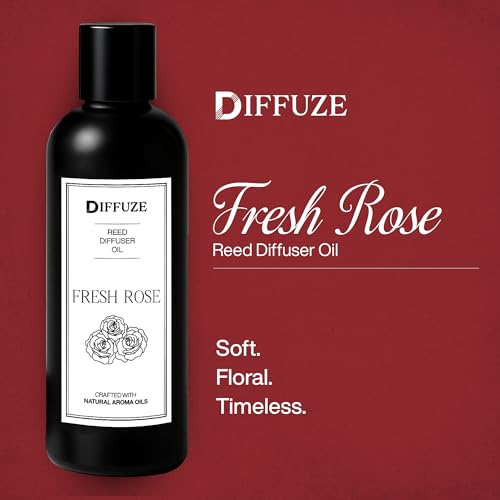 Image of DIFFUZE Fresh Rose Essential Oil Reed Diffuser Refill with 10 Fibre Reed Sticks | Floral Aroma Oil & Fragrance Oil | Diffuser Oil for Home Fragrance