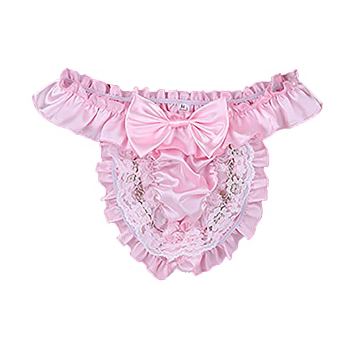 [IPENNYE] メンズTバック 男の娘 サテン下着 レース フリル メイド風 セクシー男性下着 エロ Ｔバックショーツ ローウエスト かわいい アンダーウェア 過激インナー ランジェリー パンティ スケスケ 通気性 柔らかい プレゼント - 画像6