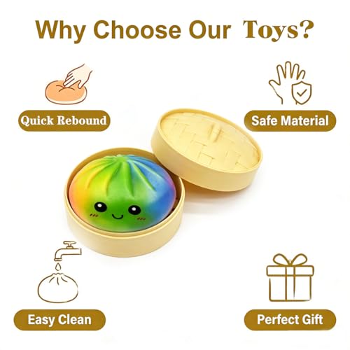Met-edianger 2 Pack Rainbow Dumpling Toy with Steamer Box Surprise Squeeze Dough Stress Ball Realistic Steamed Bun Fidget Sensory Toy for Desk Anxiety Relief Calming Travel Accessory Gift - Image 8