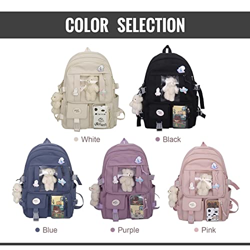 Mochila escolar Kawaii blanca con pines decorativos y complementos originales 7